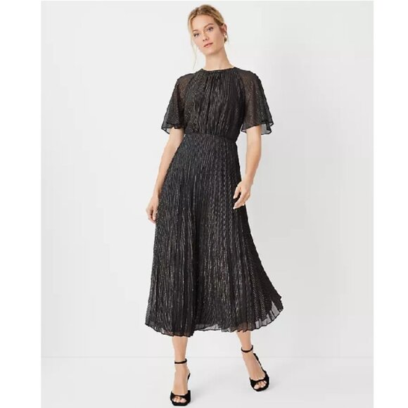NWT - Ann Taylor Shimmer Stripe Pleated Flare Dress - Size 16 - Picture 1 of 10